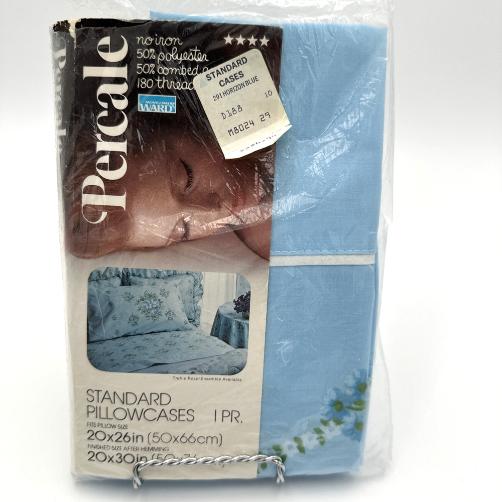 Vintage Montgomery Ward Percale Standard Pillowcases Blue Floral